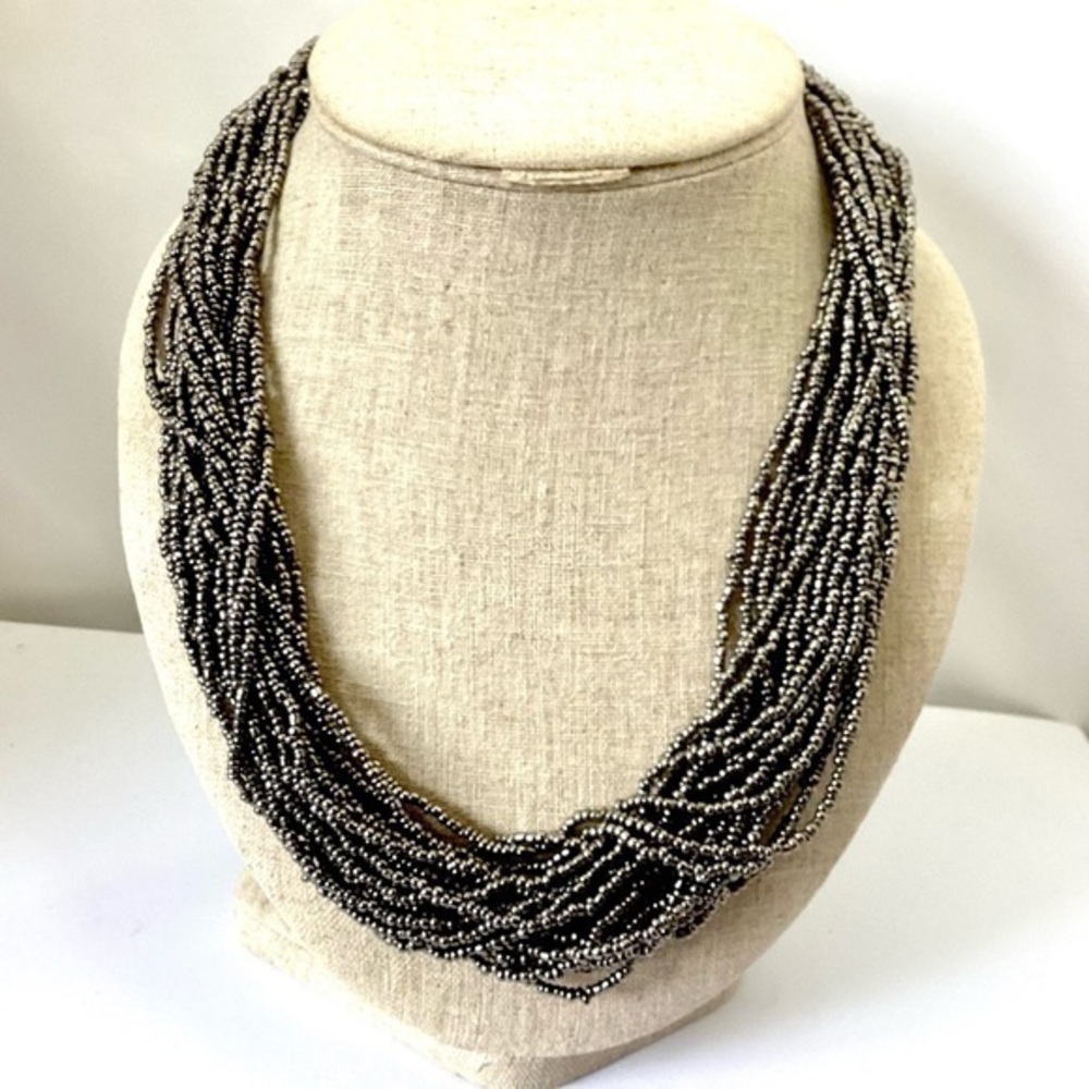Multi strand Gunmetal Glass Beaded Necklace 22”
